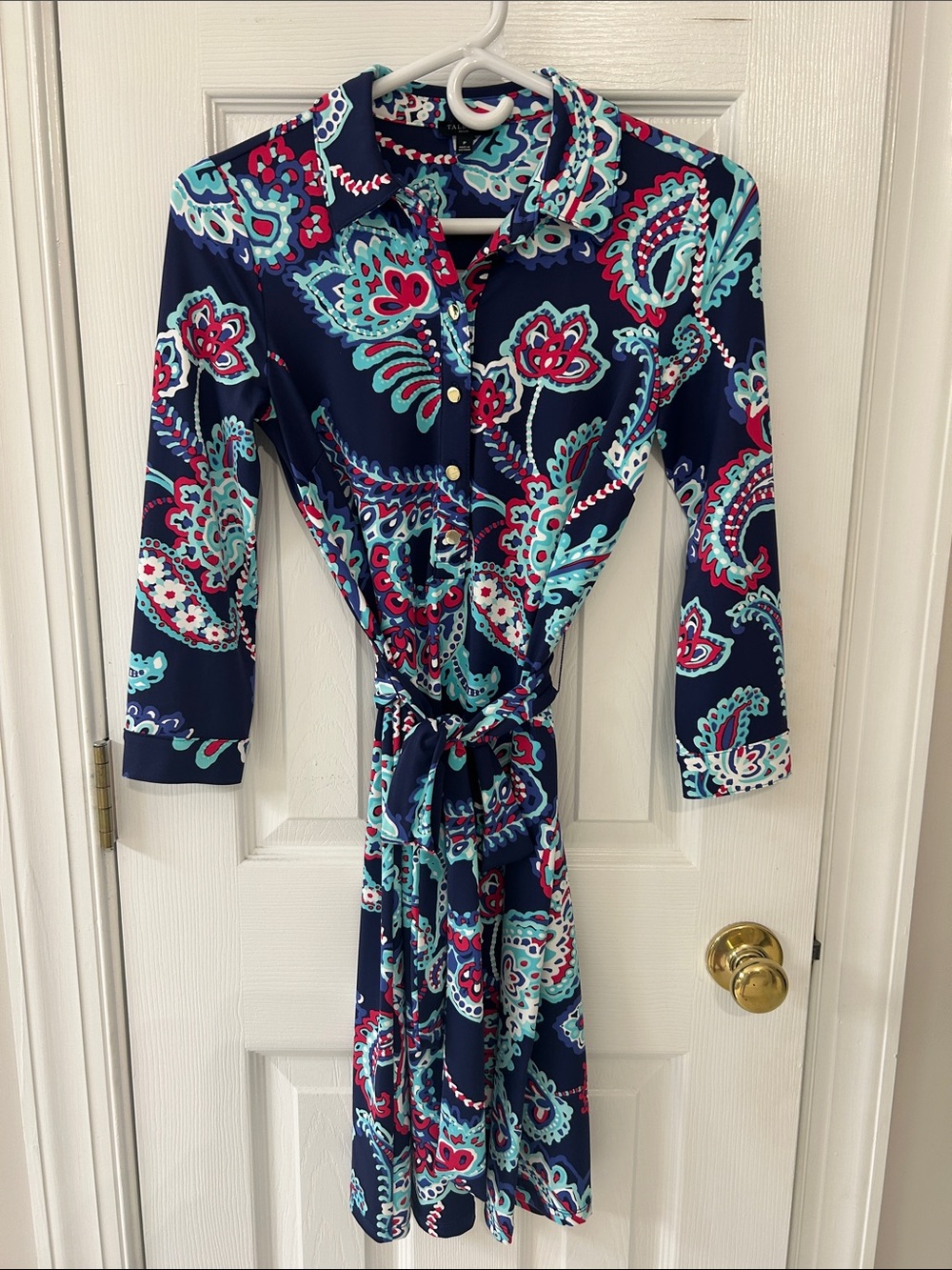Talbots Petite Navy Paisley Button-Front Shirt Dress with Tie Waist